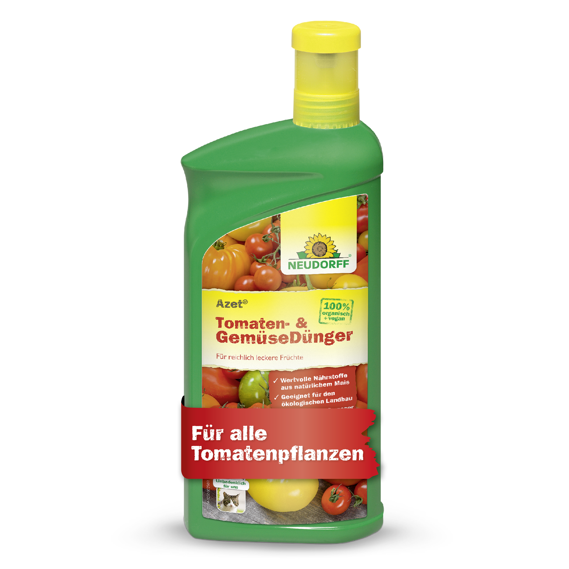 Eine grüne Flasche Neudorff Shop Azet Tomaten- & GemüseDünger flüssig, ein Flüssigdünger perfekt für Tomaten und Balkongemüse. Auf dem Etikett sind Tomaten, Gemüse und ein roter Schriftzug abgebildet: "Für alle Tomatenpflanzen.