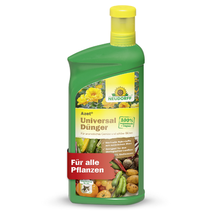 Eine grüne Flasche Neudorff Shop Azet UniversalDünger flüssig mit gelber Kappe, Blumen- und Gemüsemotiven und einem roten "Für alle Pflanzen"-Banner. Liefert ausgewogene Nährstoffe für ein gesundes Pflanzenwachstum.