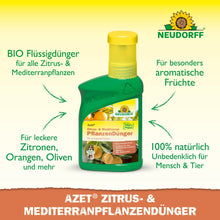 En grön och gul flaska från Neudorff Shop Azet Citrus- & Medelhavsväxtgödsel flytande med tysk text som marknadsför sin bio-formel, idealisk för medelhavsväxter som citrus och oleander.