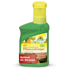 En grön plastflaska från Neudorff Shop Azet Citrus- & Medelhavsväxtgödsel flytande med gul kork, 100% vegansk, av 90% återvunnet material, idealisk för citroner, oleander och andra medelhavsväxter.