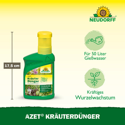 Eine grün-gelbe 500-ml-Flasche Neudorff Shop Azet KräuterDünger flüssig (17,5 cm hoch) behandelt 50 Liter Wasser, um gesunde Kräuter und starke Wurzeln zu fördern. Oben ist das Neudorff-Logo abgebildet.