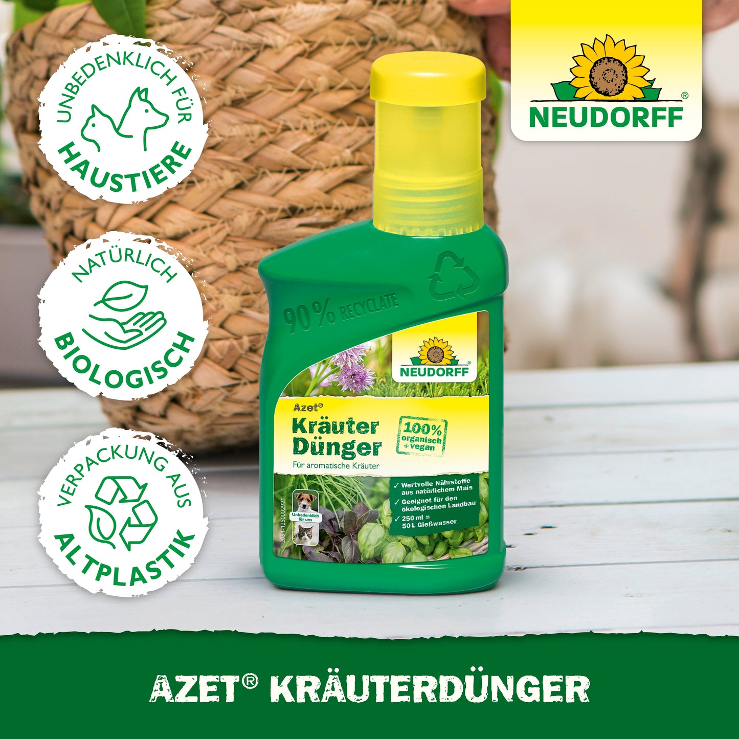 Azet KräuterDünger flüssig von Neudorff Shop ist ein grüner Flüssigdünger, ideal für die Pflege Ihrer Pflanzen und zur Unterstützung ihrer Gesundheit.