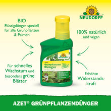 Eine grüne Flasche Neudorff Shop Azet GrünpflanzenDünger flüssig mit einer gelben Kappe, auf der ein deutscher Text über die organischen Nährstoffe für Zimmerpflanzen steht, die ein schnelles Wachstum, leuchtend grüne Blätter und eine stärkere Widerstandskraft fördern.
