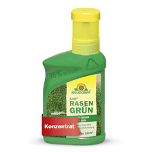 Azet RasenGrün från Neudorff Shop kommer i en grön plastflaska (90% återvunnen), gul kork, gräsbild, och är ett gräsvårdskoncentrat för 10 m², som lovar saftigt grön gräsmatta på bara 4 dagar.