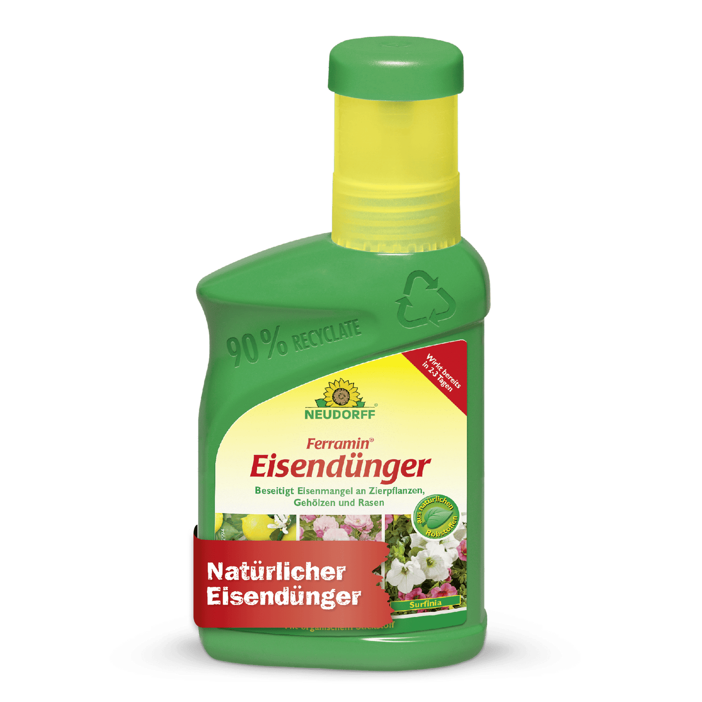 En grön plastflaska Neudorff Shop Ferramin järngödsel med gul kork har på etiketten texten "naturlig järngödsel" och är avsedd som järngödsel och gräsmattegödsel för prydnadsväxter och gräsmattor mot kvävebrist.