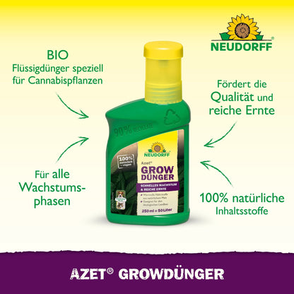 En grön flaska Neudorff Shop Azet GrowGödning är centrerad på en gul bakgrund, med tysk text som lyfter fram de organiska ingredienserna och fördelarna för växttillväxt, idealisk för att stödja rika cannabisavkastningar.