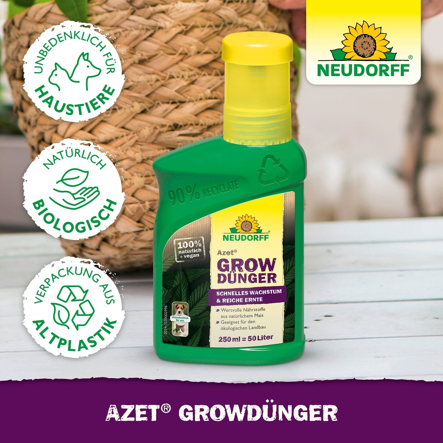 En grön flaska Azet GrowGödning från Neudorff Shop vilar på en vit träyta, där symboler för miljö- och djurskydd visas. Etiketten marknadsför naturliga, biologiska ingredienser och en förpackning av återvunnen plast.