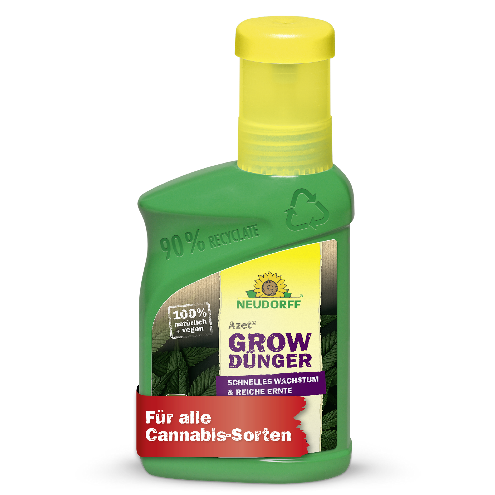 Eine grüne Plastikflasche Neudorff Shop Azet GrowDünger mit einer gelben Kappe; auf dem Etikett steht, dass er zu 90% recycelt, vegan, 100% natürlich und perfekt für den Cannabisanbau und alle Cannabissorten ist.
