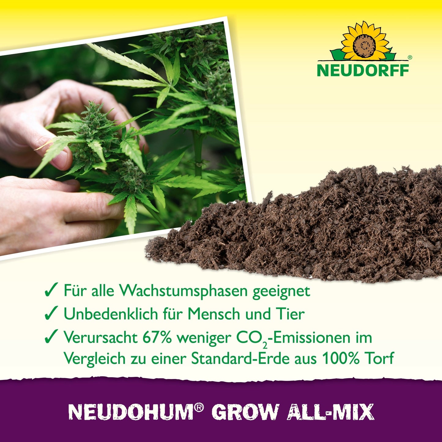 En person inspekterar en cannabisväxt bredvid en hög NeudoHum Grow All-Mix-jord. Texten framhäver säker, CO₂-reducerande jord för alla tillväxtstadier och en hälsosam blomning. Neudorff Shop-märkningen är synlig.