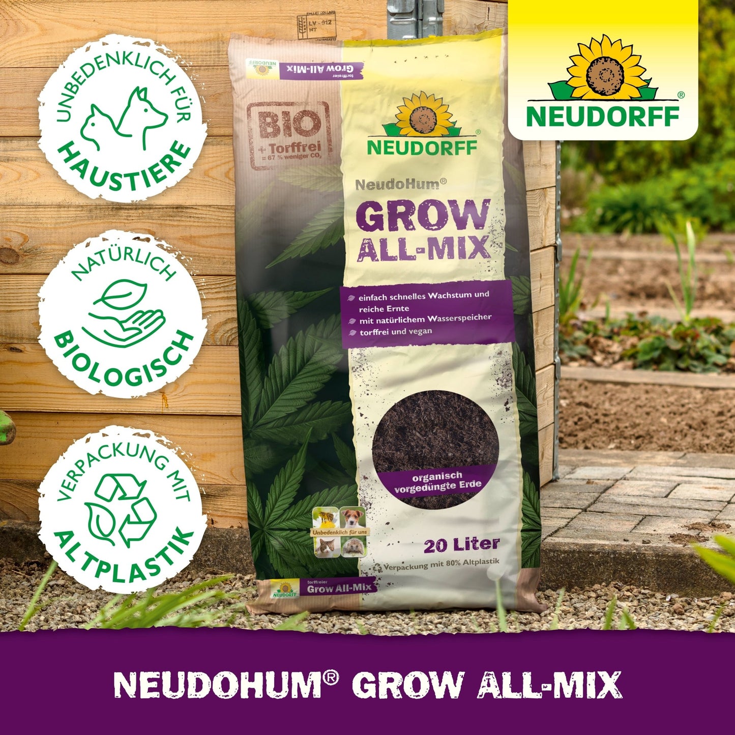 En 20-litersäck NeudoHum Grow All-Mix från Neudorff Shop visas utomhus. Förpackningen framhäver husdjurssäkerhet, biologiska ingredienser och återvunnet plast, vilket gör den idealisk för cannabisodling och stödjer en hälsosam blomning.