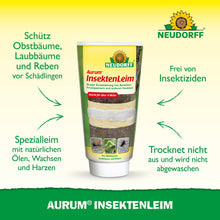 En tub Aurum InsektenLeim från Neudorff Shop står upprätt och har en tysk text om skydd av fruktträd mot myror och vinterfjärilshonor. På den grön-gula bakgrunden syns Neudorffs logga högst upp.