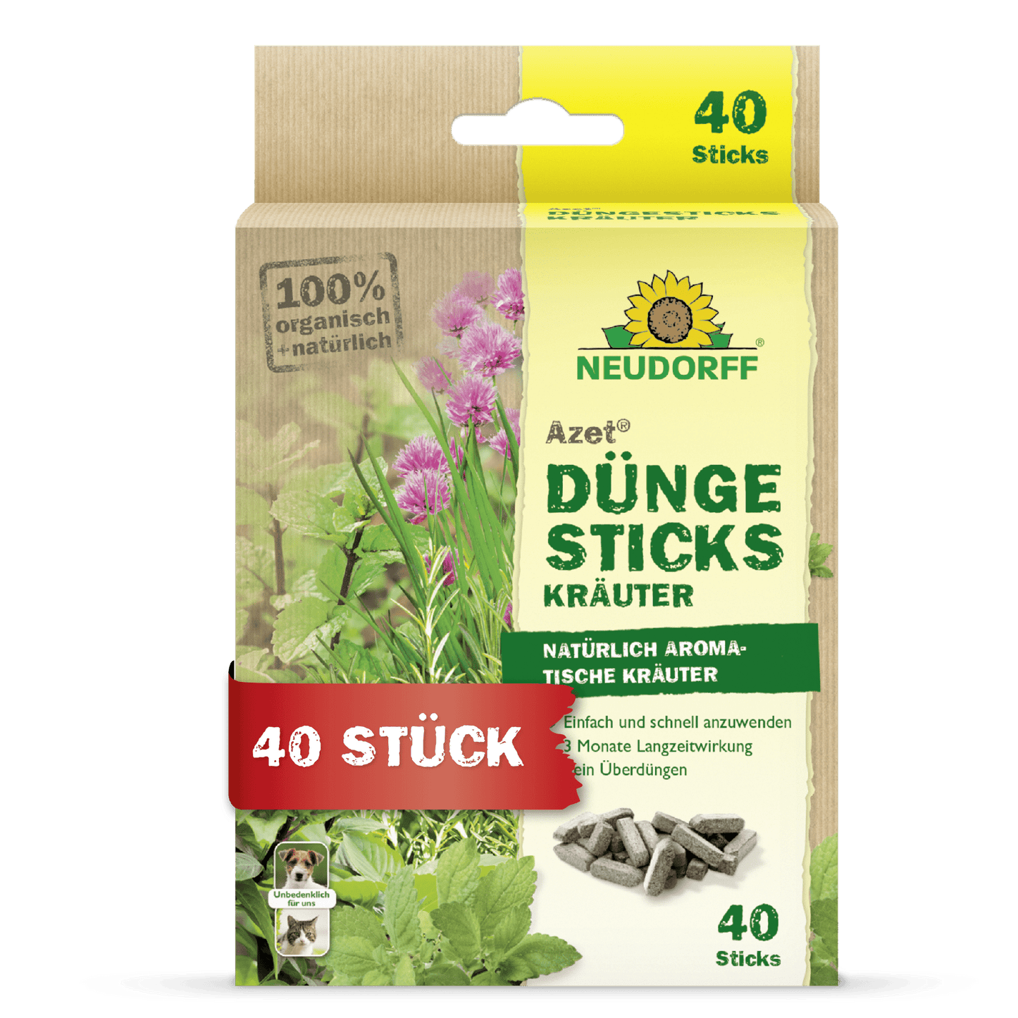 En låda Neudorff Shop Azet gödningspinnar för örter innehåller 40 gödningspinnar för aromatiska örter. Den grön-beige förpackningen med tysk text ger näring åt örter odlade i krukjord.