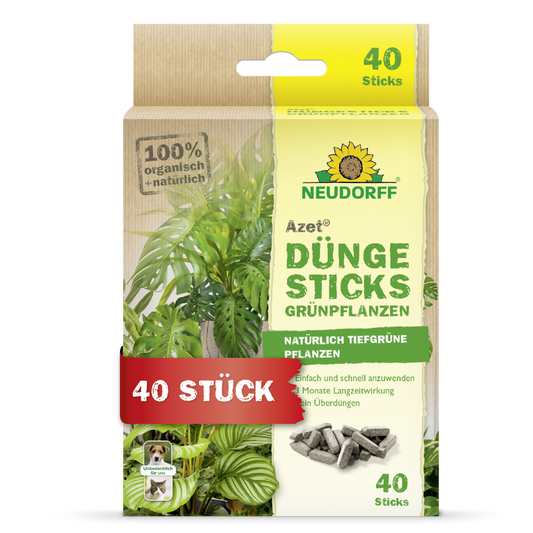 Die Azet Düngesticks für Grünpflanzen von Neudorff Shop werden in einer Schachtel mit einem Pflanzenbild, einer Produktinformation und einem "40 Stück"-Etikett geliefert. Die Verpackung hebt die 100% biologischen, natürlichen Inhaltsstoffe und die Nährstoffdepot-Technologie hervor.