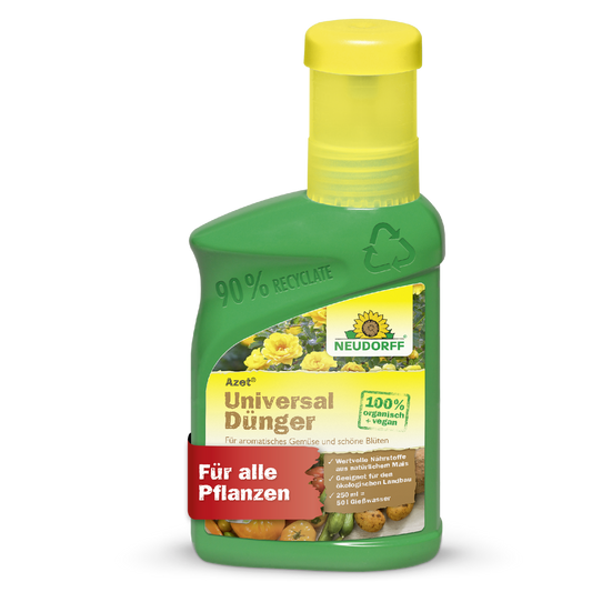 Auf einer grünen Plastikflasche von Neudorff Shop Azet UniversalDünger flüssig mit gelbem Verschluss, auf der "Für alle Pflanzen" und "100% organisch vegan" steht, sind Gemüse und Blumen abgebildet, was das ausgewogene Nährstoffverhältnis unterstreicht.