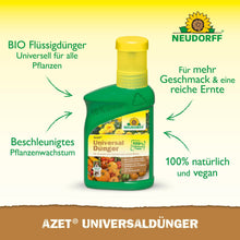 Avbildad är en grön-gul flaska Azet UniversalDünger flytande från Neudorff Shop med en tysk text som lyfter fram den biologiska, veganska formeln för snabbare växttillväxt och balanserade näringsämnen för rikare skördar.