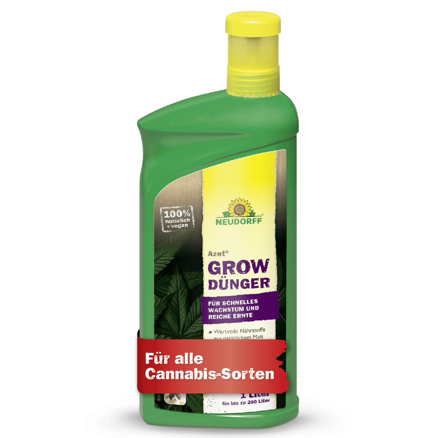 Den gröna Neudorff Shop Azet GrowGödning-flaskan med gul kork står för snabb tillväxt och rik skörd och bär den röda texten "För alla cannabis-sorter" - perfekt för framgångsrik cannabisodling.