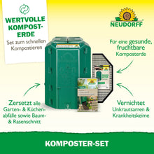 Neudorff Shop komposter-setet, avbildat med komposttillbehör, hjälper till att skapa kompostjord, bryter ner trädgårdsavfall, förstör frön och patogener och innehåller tips för att anlägga kompost.