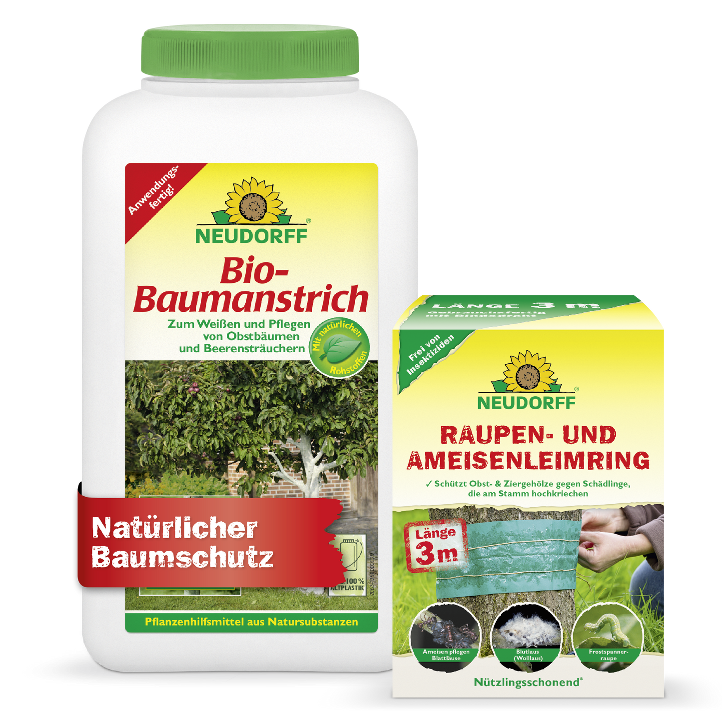 Das Neudorff Shop Baumschutz-Set zeichnet sich durch das charakteristische grün-gelbe Branding aus. Sowohl auf der Bio-Baumanstrich-Flasche als auch auf der Raupen- und AmeisenLeimring-Dose befinden sich Baummotive, die mit einem grünen Klebeband zum Schutz der Bäume versehen sind.