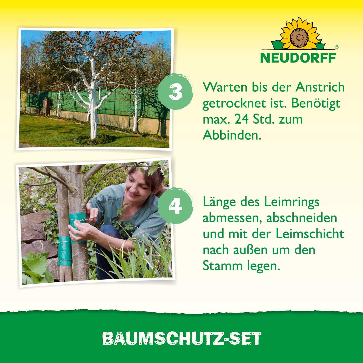 Zwei Bilder zeigen das Baumschutz-Set von Neudorff Shop: Eines zeigt einen bemalten Baum, der nach dem Auftragen trocknet, das andere zeigt, wie Leimring-Klebeband um den Stamm gewickelt wird. Anleitungen und Neudorff Shop Logos sind sichtbar.