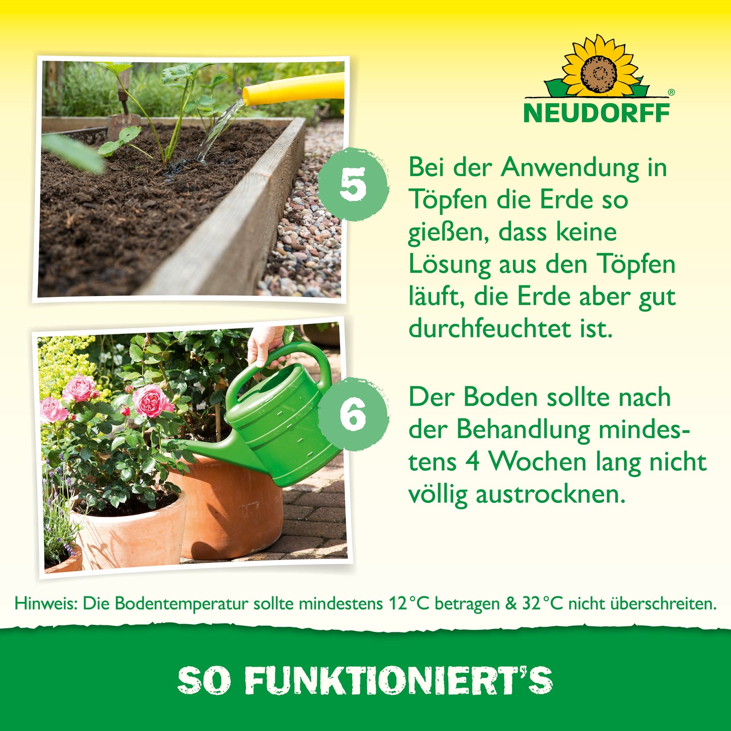 Eine Person lockert den Boden in einem Hochbeet mit einer Handharke auf, während eine andere eine Pflanze gießt. Das Neudorff Shop-Logo und die deutsche Anleitung weisen auf die Verwendung von Nützlingen gegen Dickmaulrüssler zur natürlichen Schädlingsbekämpfung hin.