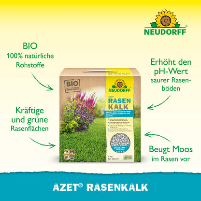 Eine Kiste Azet RasenKalk aus dem Neudorff Shop steht auf dem Rasen und präsentiert die Vorteile: 100% natürliche Materialien, grünere Rasenflächen, Erhöhung des pH-Werts in sauren Böden und Moosvorbeugung. Oben rechts ist das Neudorff-Logo zu sehen.