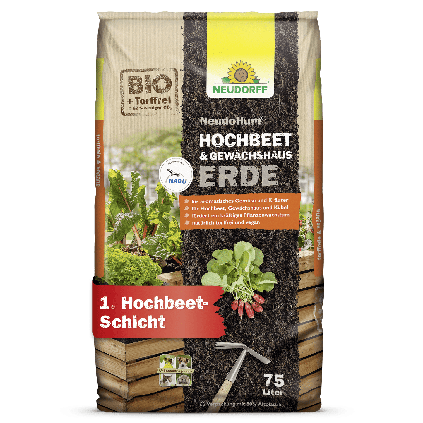 En 75-liters säck NeudoHum Hochbeet & GewächshausErde från Neudorff Shop, en humusrik jord och växtsubstrat för upphöjda bäddar och växthus. Förpackningen visar grönsaker, jordlager och produktdetaljer på tyska.