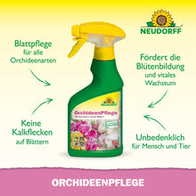Avbildad är en grön-gul sprayflaska med texten "OrchideenPflege" från Neudorff Shop. Tyska pilar framhäver dess fördelar: idealisk orkidévård, inga kalkfläckar, stödjer blomningen och är säker för alla orkidélöv.