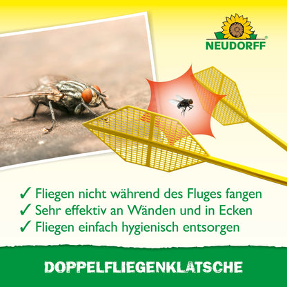 Bredvid en närbild av en husfluga syns två gula dubbelflugsmällor från Neudorff Shop med insektgrafik. Den tyska texten betonar enkel, fläckfri flugfångst. Neudorff-logotypen är placerad uppe till höger.