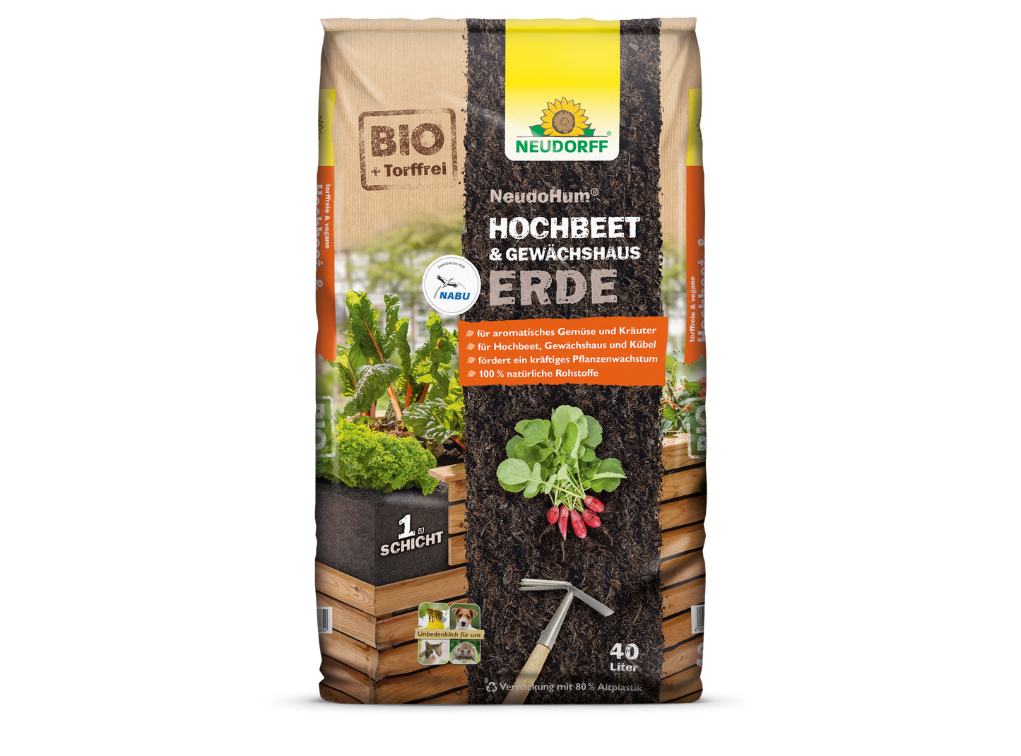 En 40-liters säck NeudoHum Hochbeet & GewächshausErde från Neudorff Shop, ett humusrikt substrat för upphöjda bäddar och växthus, med en förpackning med grönsaker, örter och en upphöjd bädd.