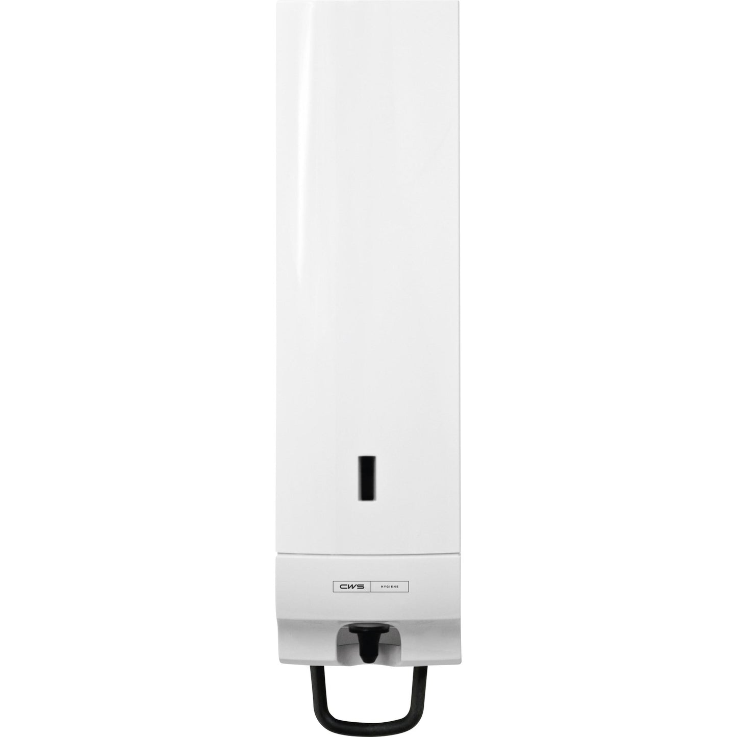 CWS ParadiseLine skumtvålsdispenser Foam Universal inklusive panel vit är en väggmonterad dispenser med svart tryckknapp och fönster för fyllnadsindikering - idealisk för hygieniska tvättrum.