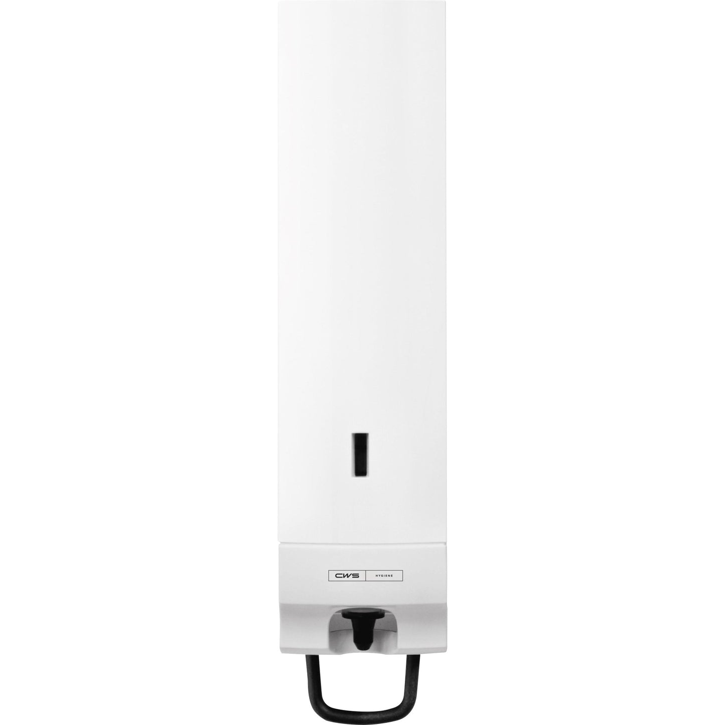 Den CWS ParadiseLine skumtvålsdispenser Foam Slim inklusive panel i vitt är en väggmonterad dispenser med fönster och svart handtag. Perfekt för hygienisk handtvätt, med varumärkeslogotypen "CWS" på framsidan.