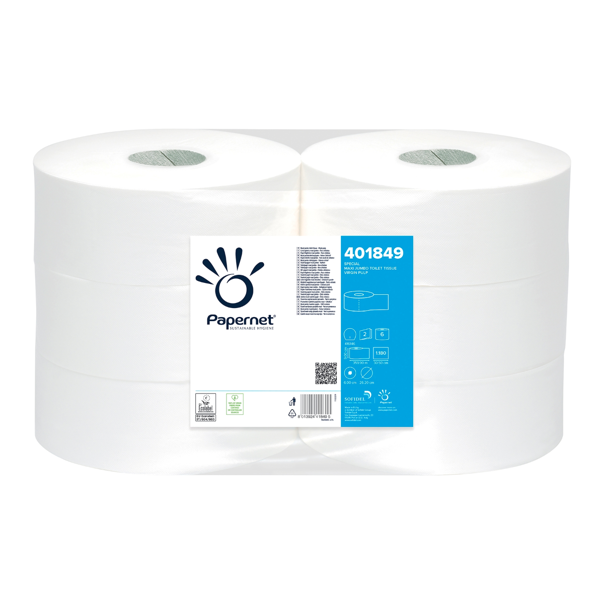 Papernet Maxi, 2 lg massa, 360m, Ø rulle 26,20cm, 1180 ark. SPECIAL Vit ECO | Kartong (1 förpackning)