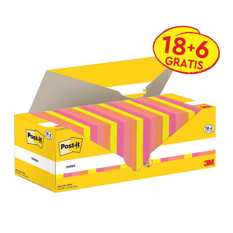 En öppen gul-vit 3M Post-it® Notes-låda (76 x 76 mm, 100 blad/block, 100% PEFC) med den röd-gula etiketten "18+6 GRATIS" visar en stapel av rosa, gula och orange randiga notisar. Märke: 3M Deutschland GmbH.