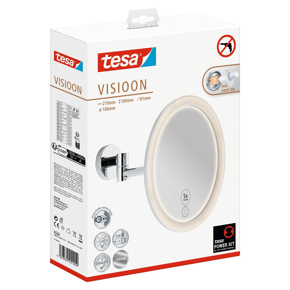 tesa VISIOON LED-sminkspegel med svängbar arm, självhäftande, förkromad metall, kromfärgad plast
