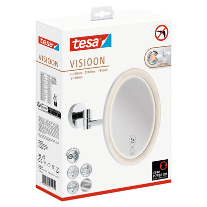 tesa VISIOON LED-sminkspegel med svängbar arm, självhäftande, förkromad metall, kromfärgad plast