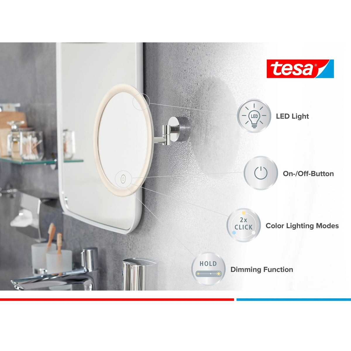tesa VISIOON LED-sminkspegel med svängbar arm, självhäftande, förkromad metall, kromfärgad plast – Produktegenskaper