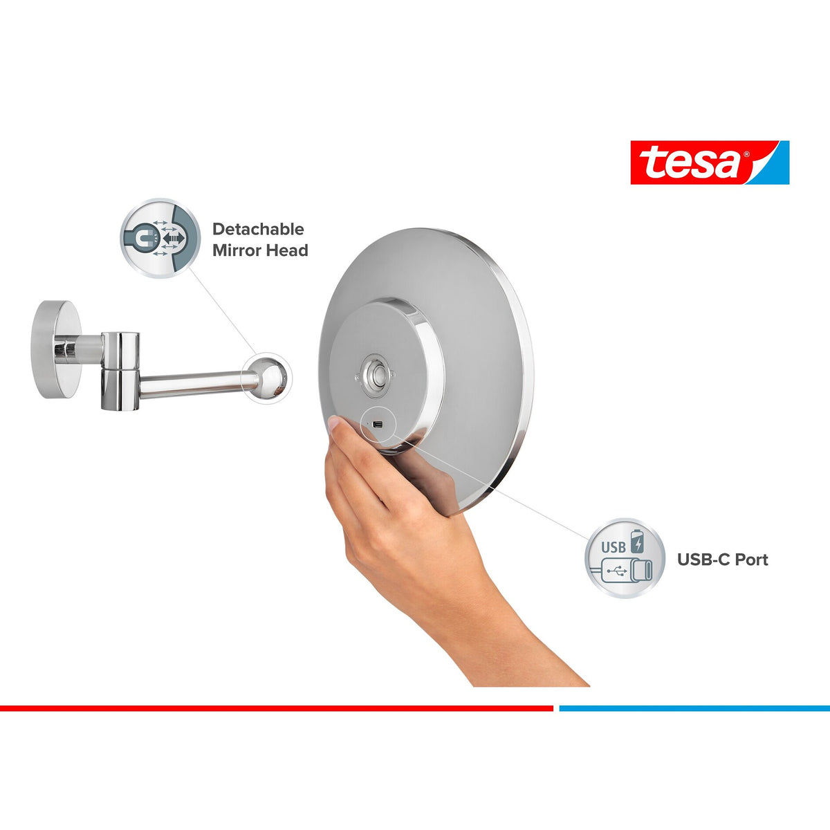 tesa VISIOON LED-sminkspegel med svängbar arm, självhäftande, förkromad metall, kromfärgad plast – Produktegenskaper