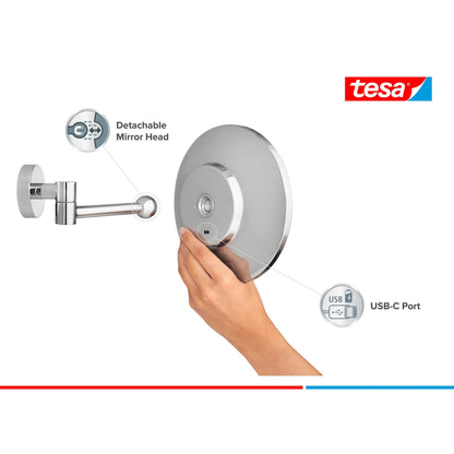 tesa VISIOON LED-sminkspegel med svängbar arm, självhäftande, förkromad metall, kromfärgad plast – Produktegenskaper