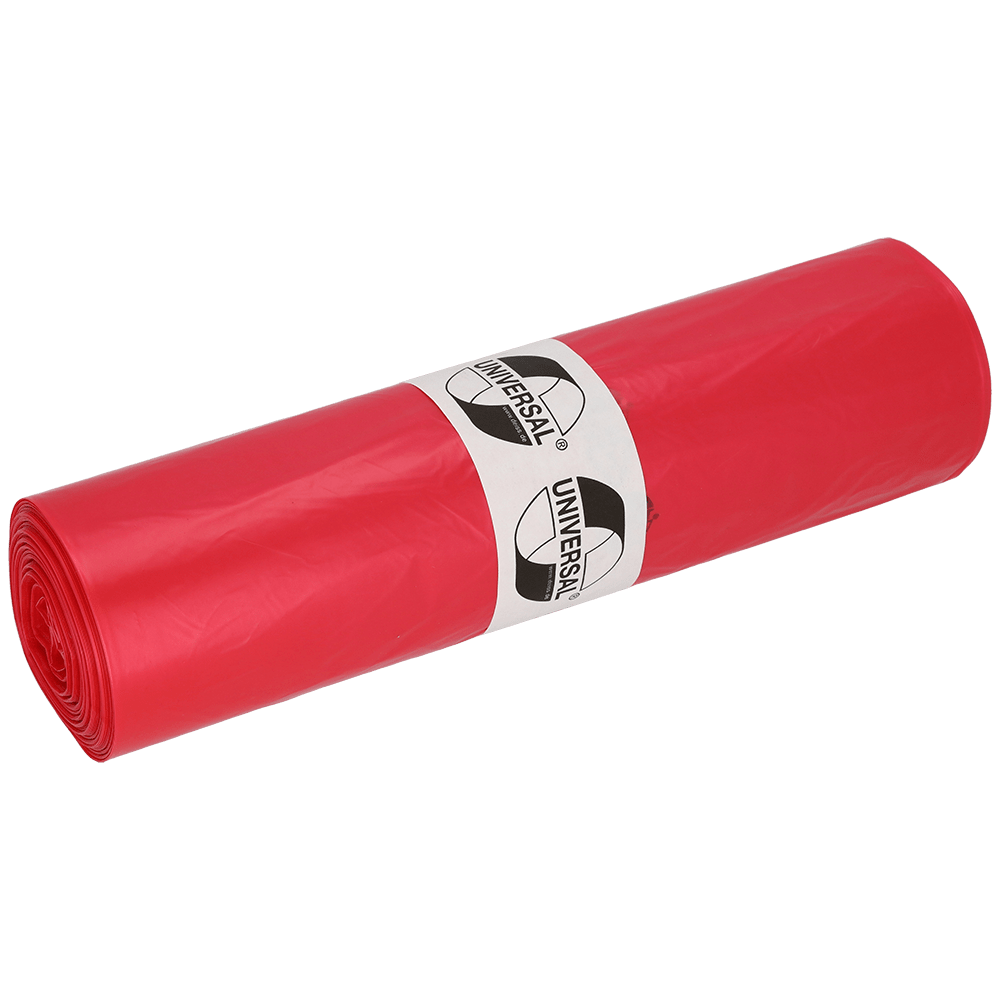 Avbildad är en rulle EMIL DEISS KG (GmbH + Co.) DEISS 41001 röda soppåsar, 700x1100x0,023 mm (50 påsar/rulle), med en vit "UNIVERSAL"-etikett lindad runt mitten, på en enfärgad, ljus bakgrund.
