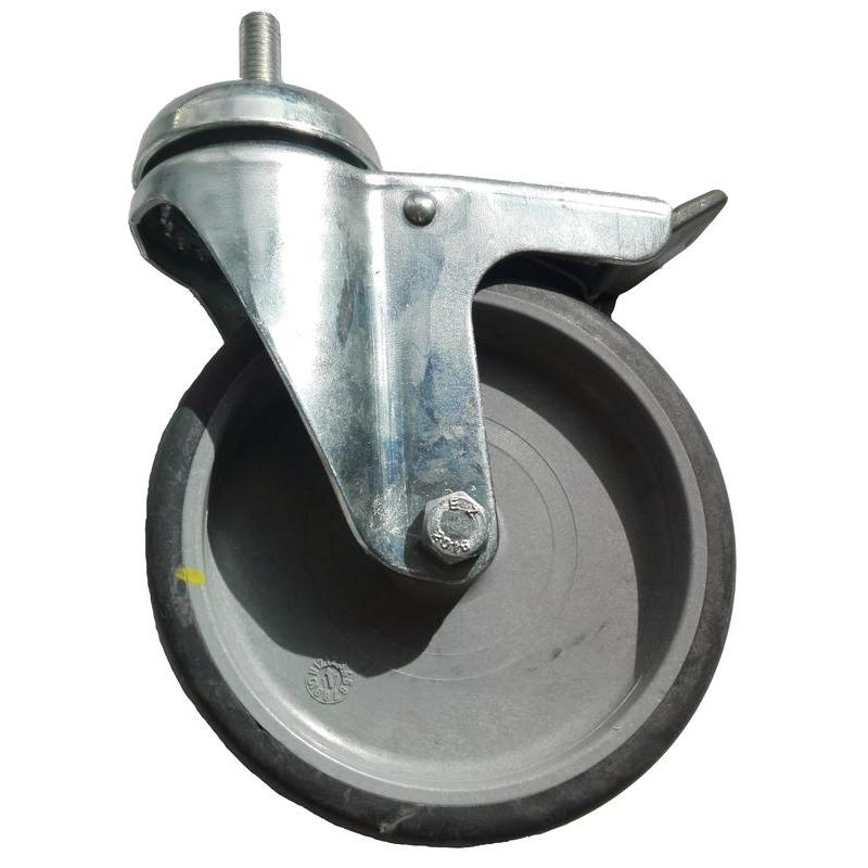 Närbild av Diversey TASKI Trolley-hjul, 125 mm svänghjul med broms för ESD-golv, monterat på en metallfäste; kompatibel med TASKI-vagnar. Märke: Diversey Deutschland GmbH & Co. OHG (1 styck), isolerad på vit bakgrund.