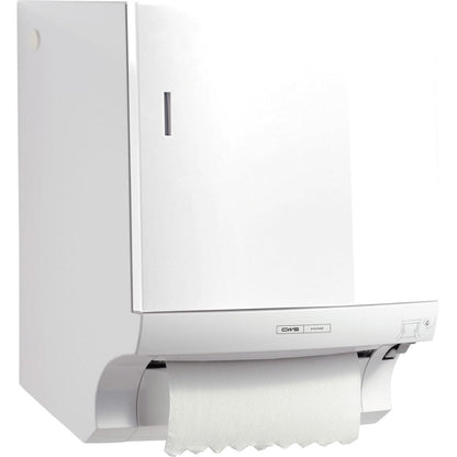 CWS ParadiseLine rullpappershanddukdispenser Paperroll inklusive panel i vitt från CWS erbjuder en hygienisk lösning för handtorkning genom modern design, väggmontering och fönster. En pappershandduk hänger nedtill från dispensern.