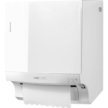 CWS ParadiseLine rullpappershanddukdispenser Paperroll inklusive panel vit är en vit, väggmonterad dispenser med modern design, fönster och pappersarkutmatning nedtill för hygienisk handtorkning.