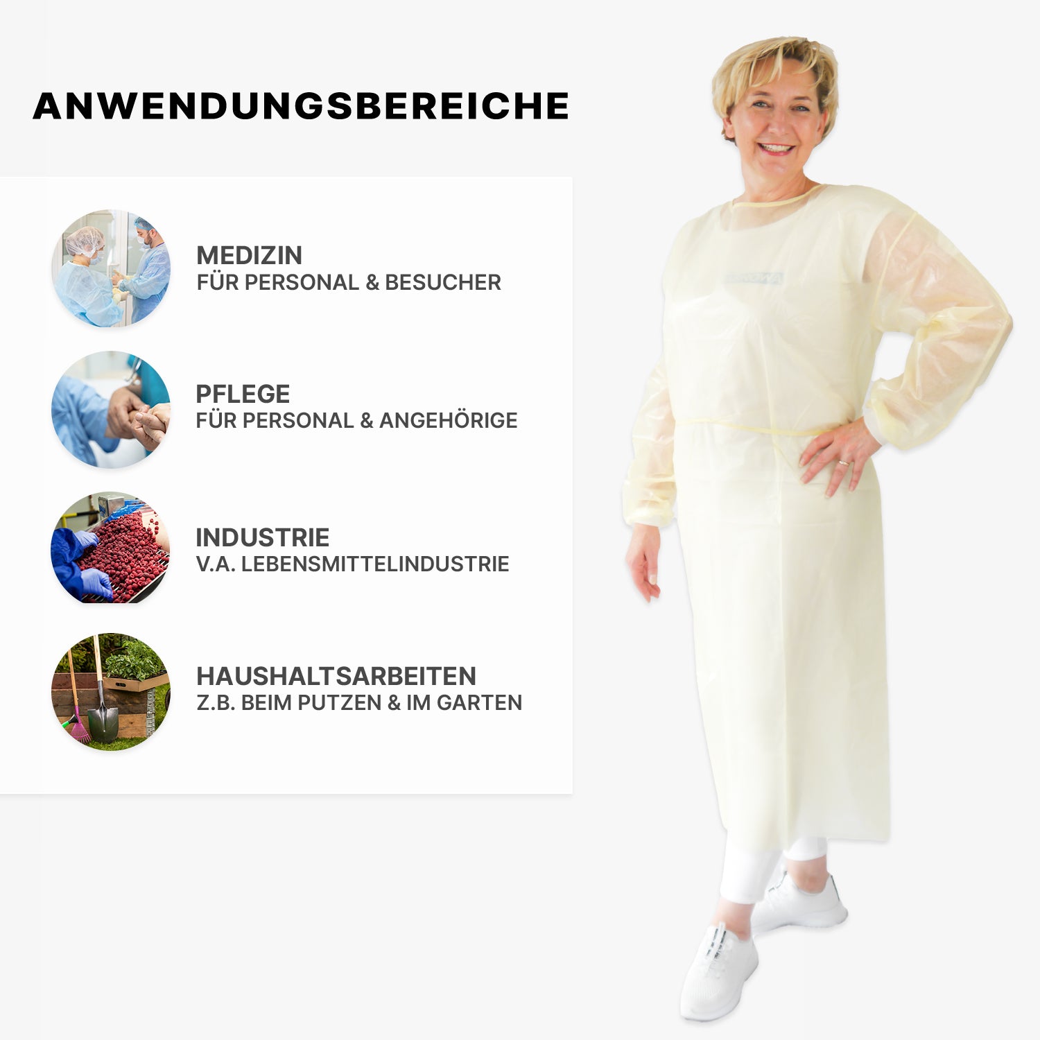 Eine Frau trägt den ARNOMED Virendichter Einweg Schutzkittel von ARNOWA GmbH (10 Stück, gelb, PP/PE-Beschichtung) und lächelt. Vier Kreise zeigen die Einsatzbereiche: Medizin, Pflege, Industrie (Lebensmittel) und Haushalt (Text auf Deutsch).