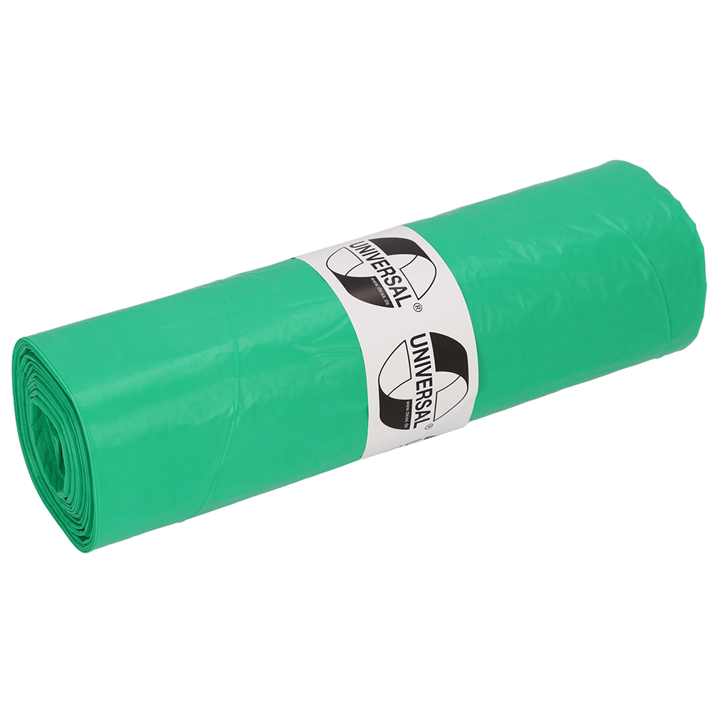 En förpackning med 50 gröna EMIL DEISS KG soppåsar (DEISS 42702, 575x1000x0,018 mm) med en "UNIVERSAL"-etikett - idealisk för mångsidig användning och pålitlig prestanda.
