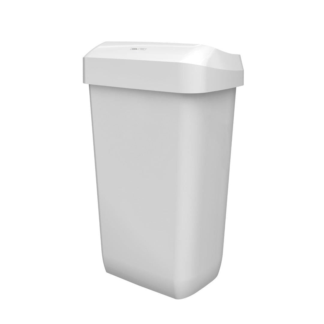 Der CWS ParadiseLine Abfallbehälter Paper Bin (Weiß, 23 l) zeichnet sich durch ein modernes, minimalistisches Design mit glatten Kanten und einem geschlossenen Deckel aus. Abgebildet ist der weiße, rechteckige Kunststoffbehälter von CWS vor einem schlichten weißen Hintergrund.