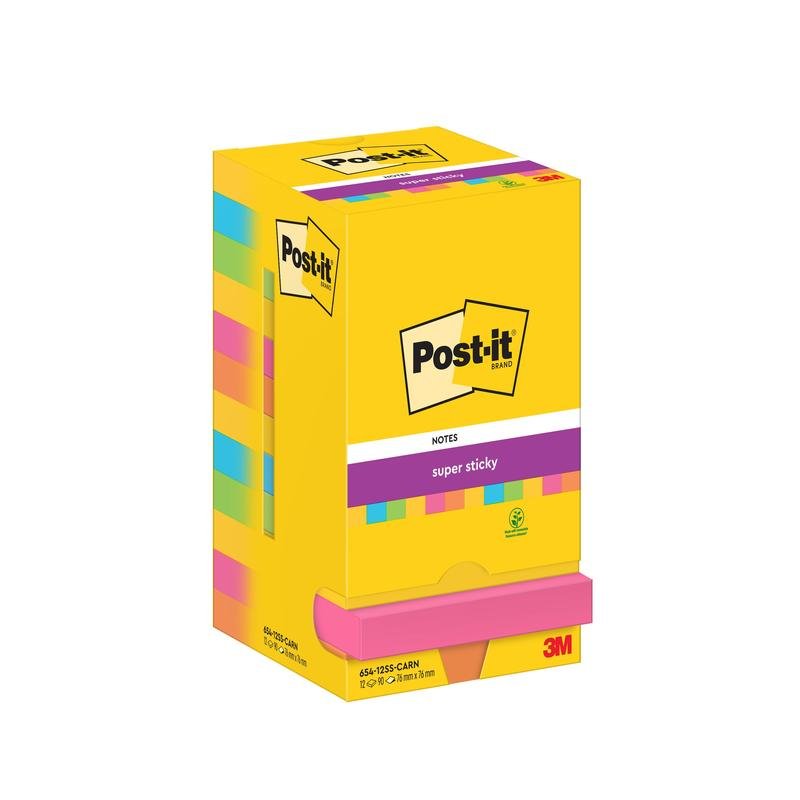 En gul låda med Post-it® Super Sticky Notes (76 mm x 76 mm, 90 blad/block) från 3M Deutschland GmbH, med olika block och Post-it-logotypen.