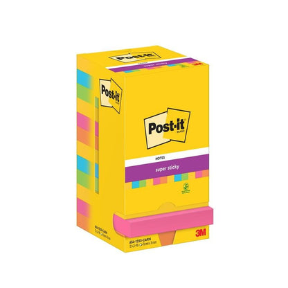 En gul låda med Post-it® Super Sticky Notes (76 mm x 76 mm, 90 blad/block) från 3M Deutschland GmbH, med olika block och Post-it-logotypen.