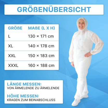 Till höger: en person ler i en ARNOMED COVER PP-OVERALL WHITE engångsoverall med huva av PP-fleece från ARNOWA GmbH. Till vänster: en storlekstabell för skyddsdräkten (L-XXXL) med tysk mätningsanvisning. Blå geometrisk bakgrund.