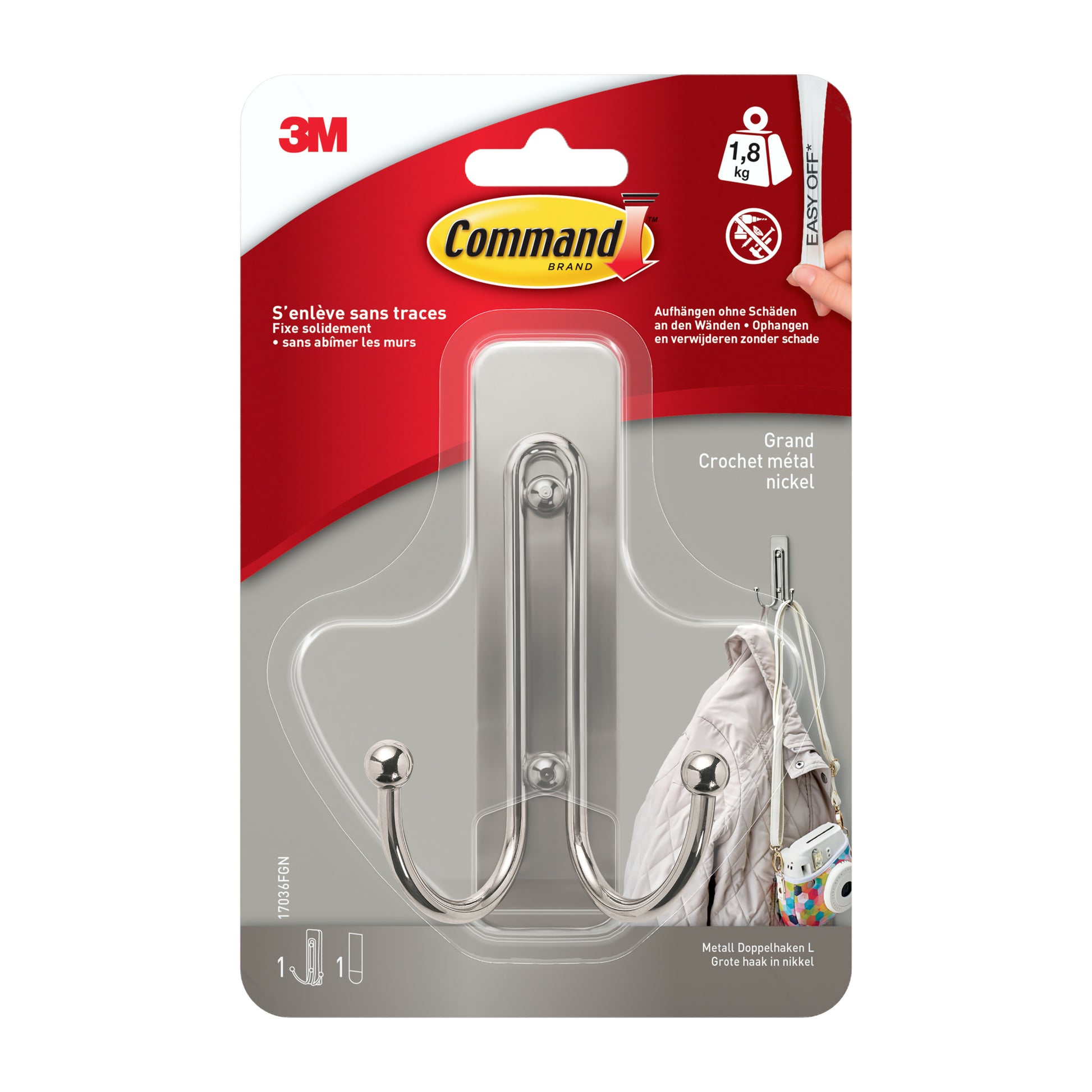 Der große Command™ Doppelhaken in gebürstetem Nickel von 3M Deutschland GmbH (17036) hält bis zu 1,8 kg, ist selbstklebend und ideal zum Aufhängen; die Verpackung zeigt Produktdetails auf mehreren Sprachen.