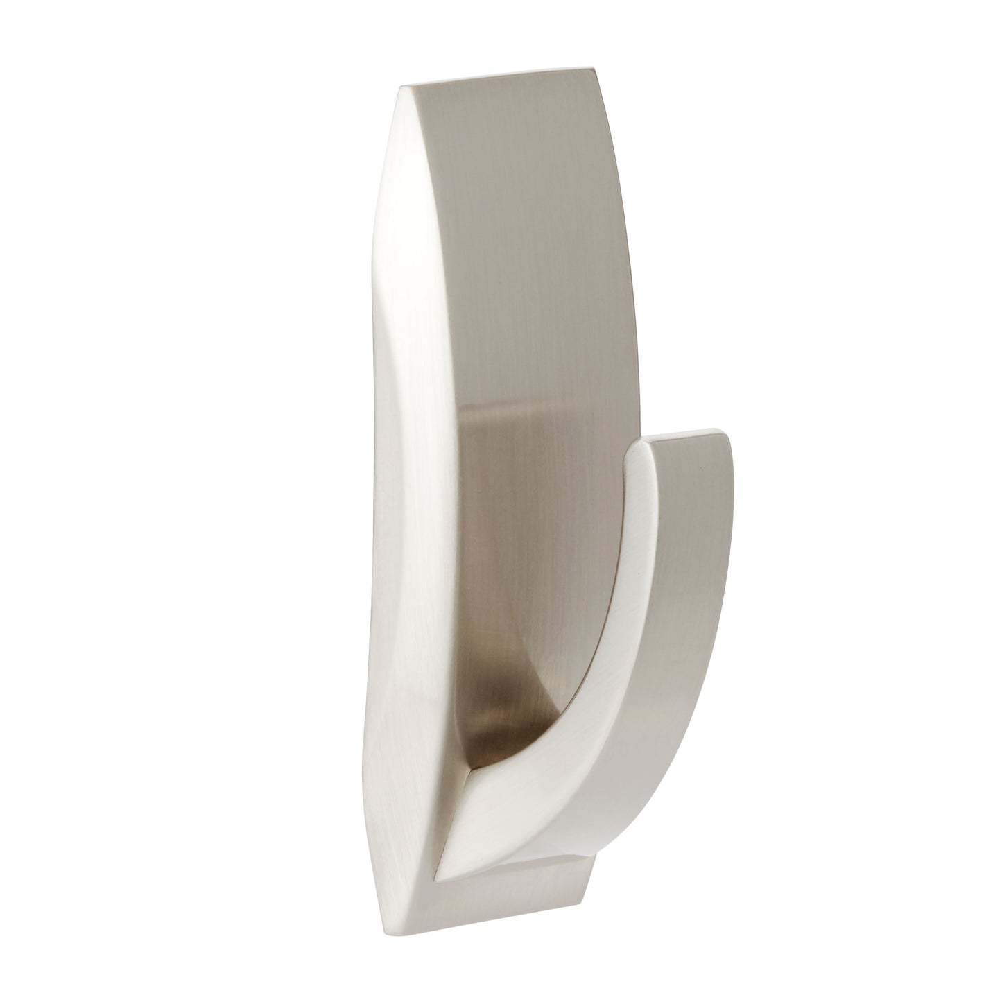 Der Command™ Metallhaken "Modern Reflection" von 3M Deutschland GmbH zeichnet sich durch eine glatte, gebürstete Oberfläche und ein modernes, geschwungenes Design aus, das sich vor einem schlichten weißen Hintergrund präsentiert.